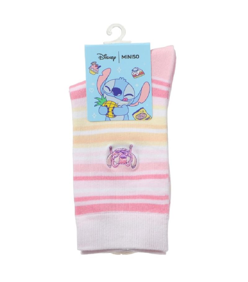 Disney Stitch Dinner Party Collection Pink Striped Embroidered Socks Size 5-7.5