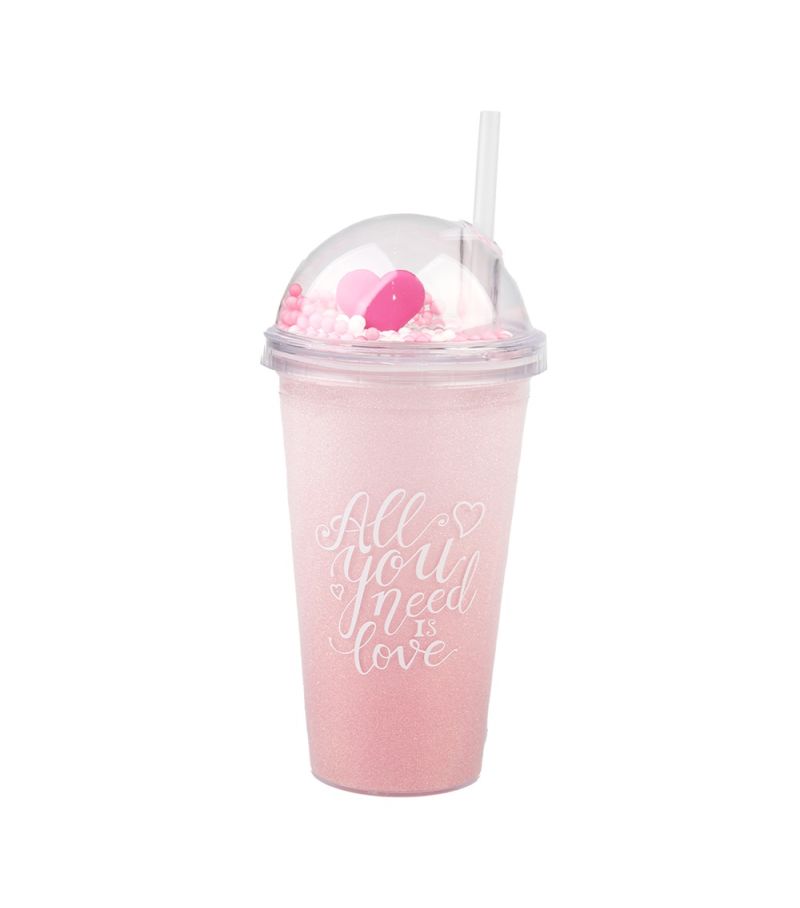 Pink Romance Series Double-Layer Straw Plastic Cup 460ml