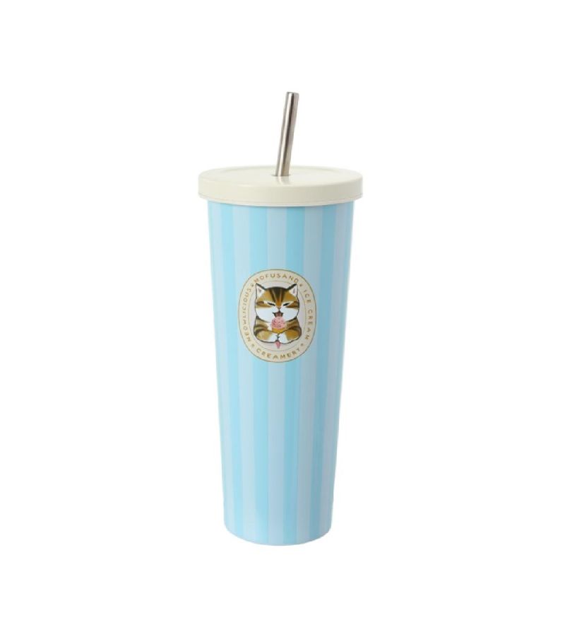 Mofusand Ice Cream Collection Blue Striped Tumbler & Straw
